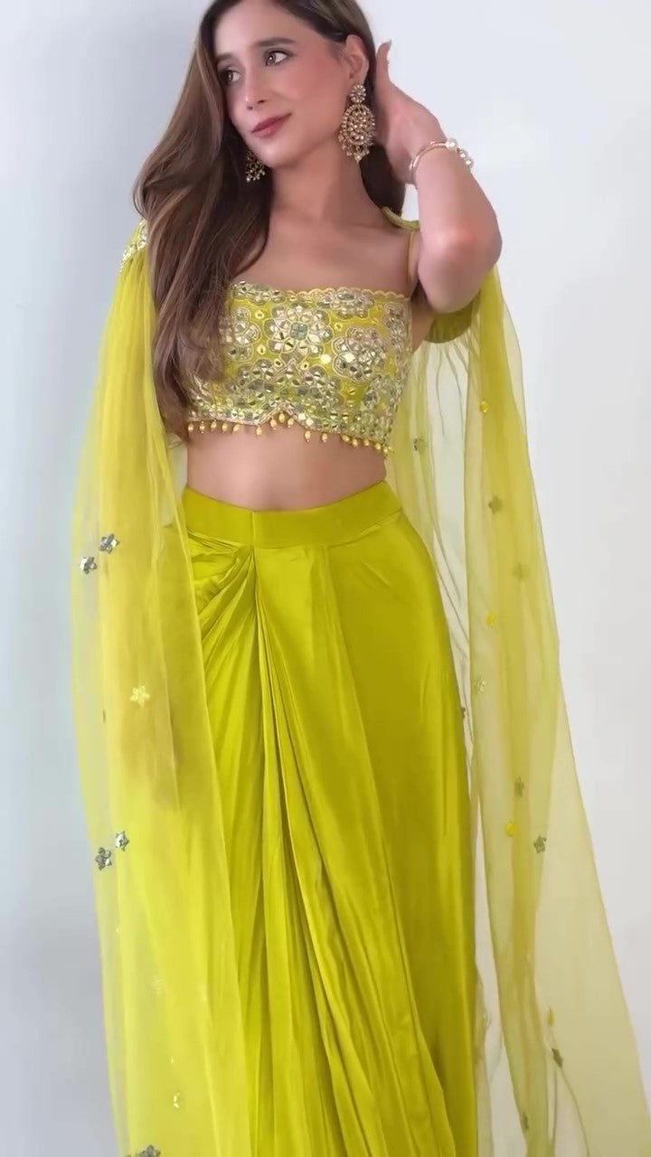 Lemon Yellow Draped Skirt & Mirror Work Blouse