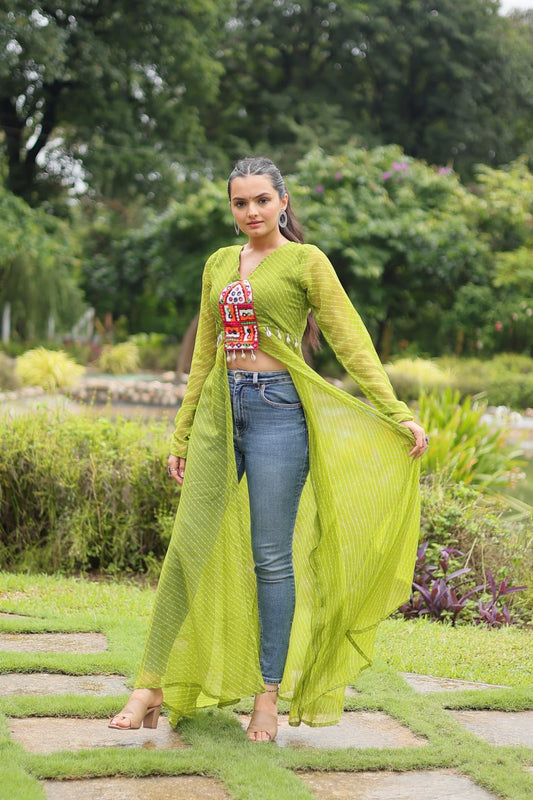 Designer Leheriya Front-Open Kurti with Kutchi Patchwork