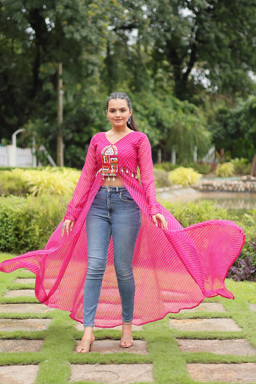 Designer Leheriya Front-Open Kurti with Kutchi Patchwork