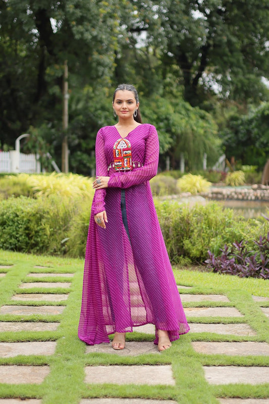 Designer Leheriya Front-Open Kurti with Kutchi Patchwork