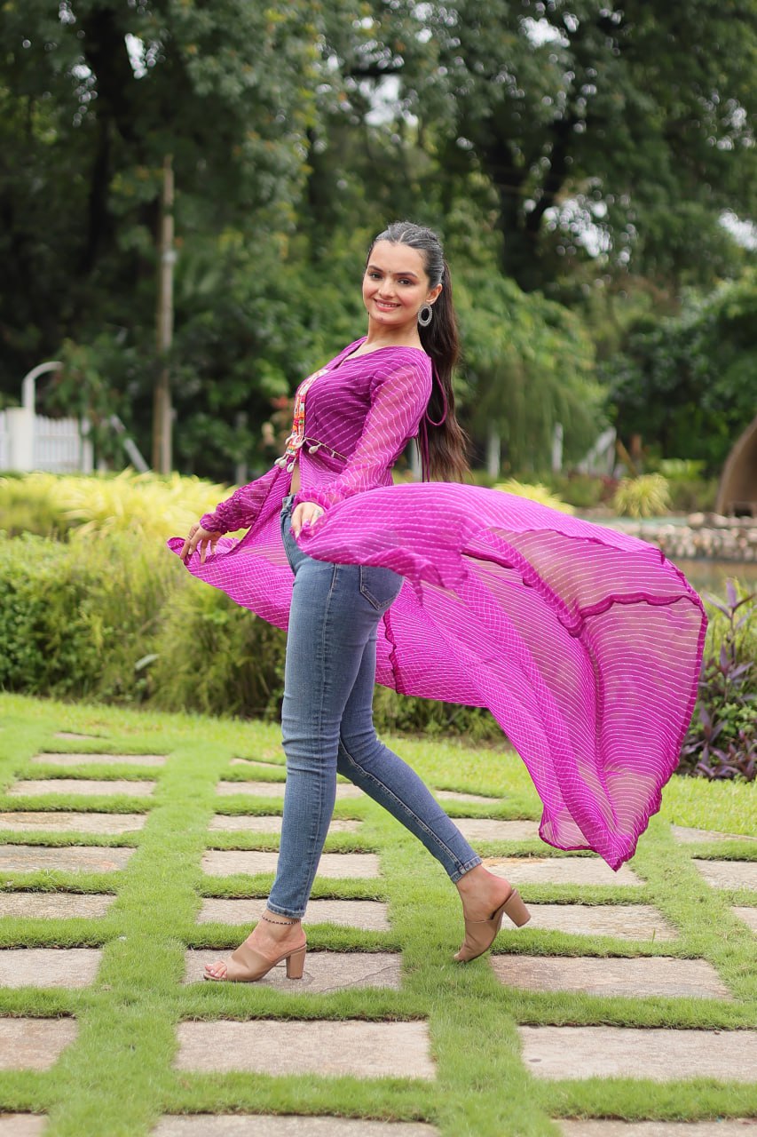 Designer Leheriya Front-Open Kurti with Kutchi Patchwork