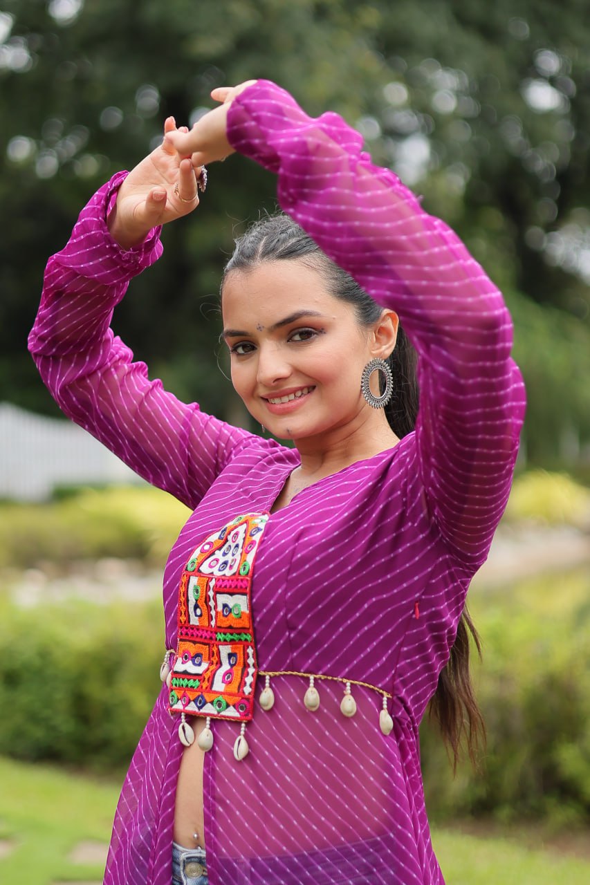 Designer Leheriya Front-Open Kurti with Kutchi Patchwork