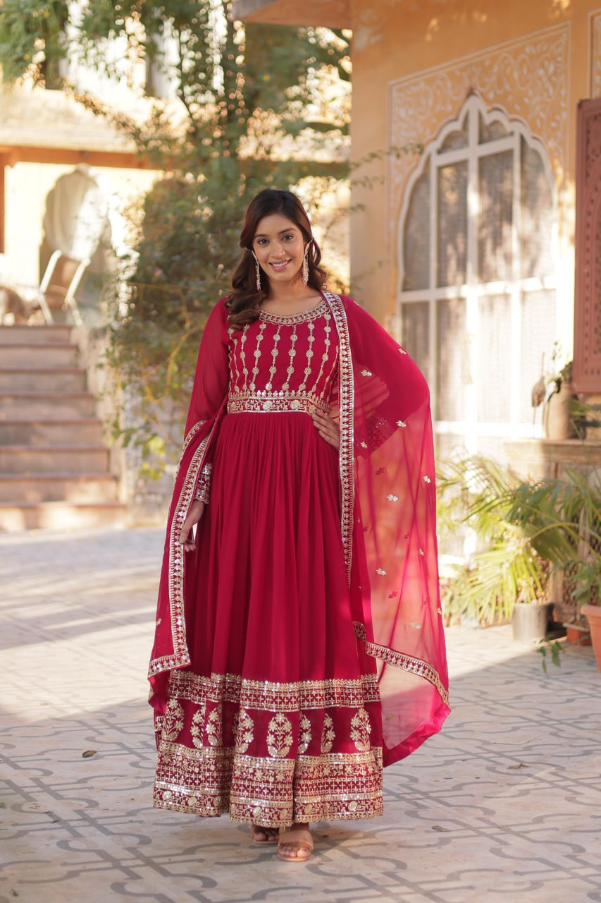 Elegant Embroidered Zari Sequins Gowns & Dressess & Dresses with Dupatta Set