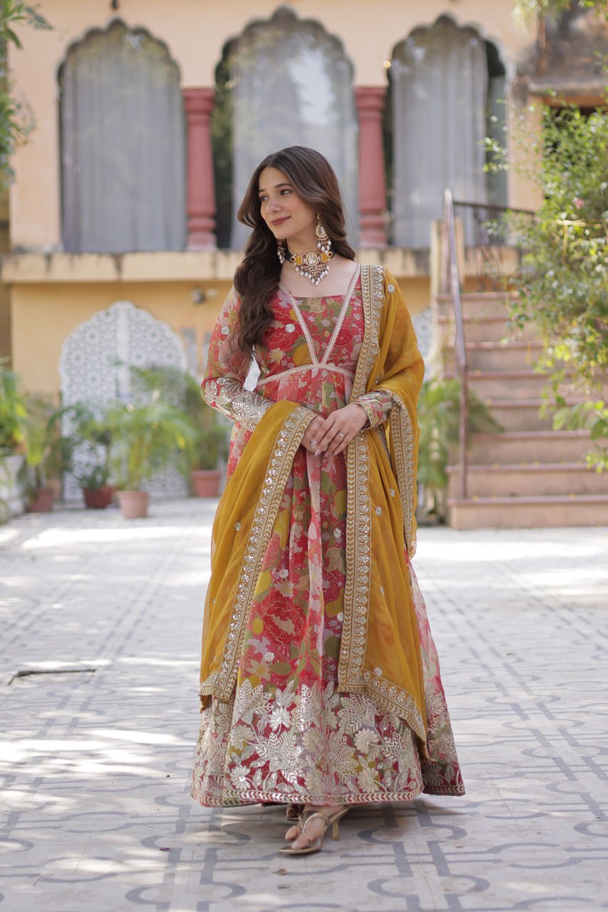 Digital Printed Russian Silk Gowns & Dressess & Dresses with Embroidered Dupatta