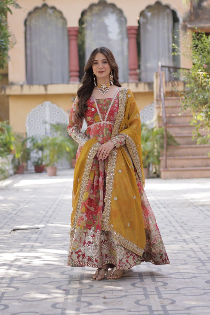 Digital Printed Russian Silk Gowns & Dressess & Dresses with Embroidered Dupatta