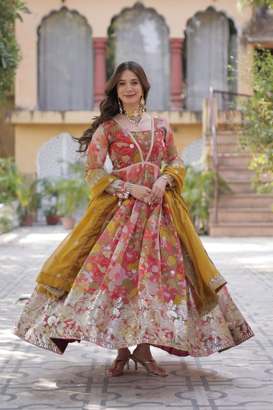 Digital Printed Russian Silk Gowns & Dressess & Dresses with Embroidered Dupatta