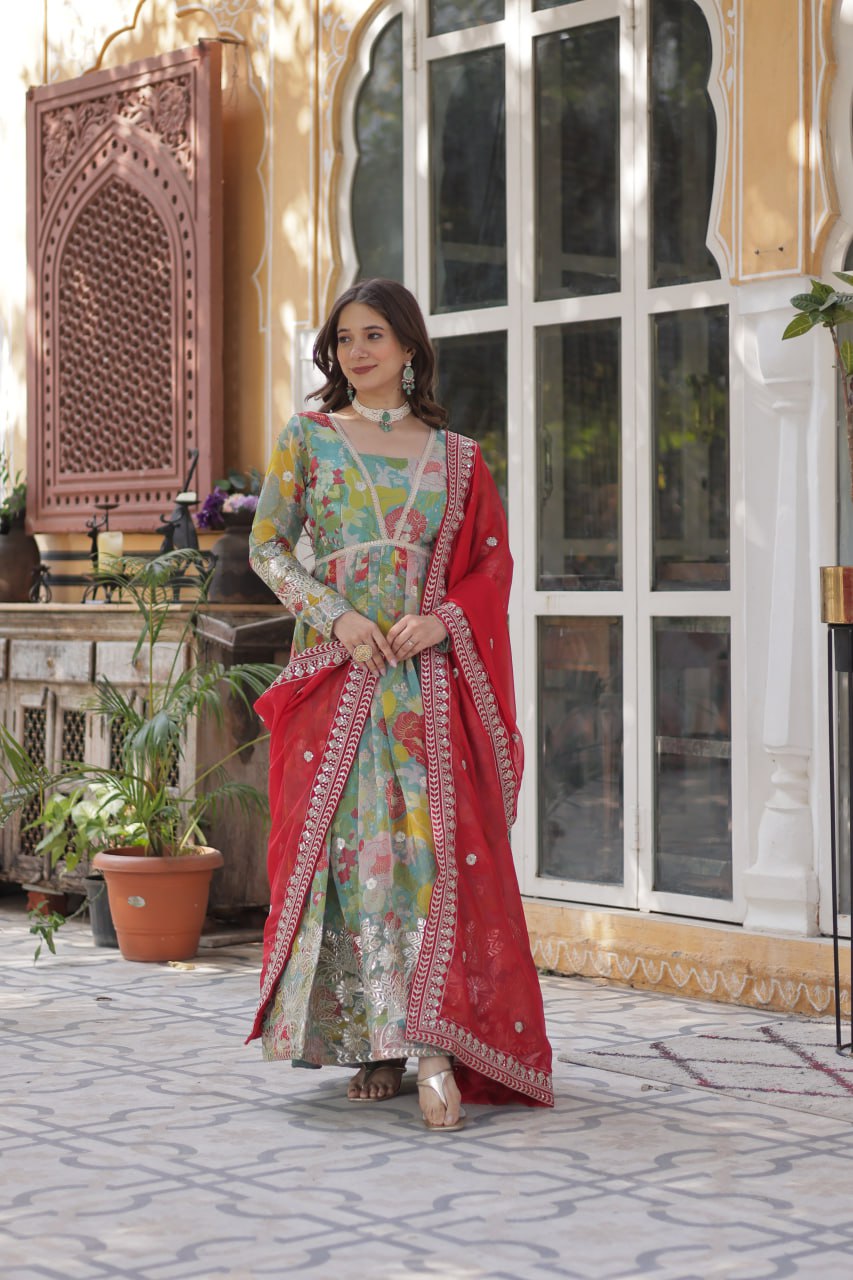 Digital Printed Russian Silk Gowns & Dressess & Dresses with Embroidered Dupatta