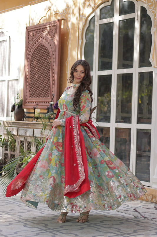 Digital Printed Russian Silk Gowns & Dressess & Dresses with Embroidered Dupatta