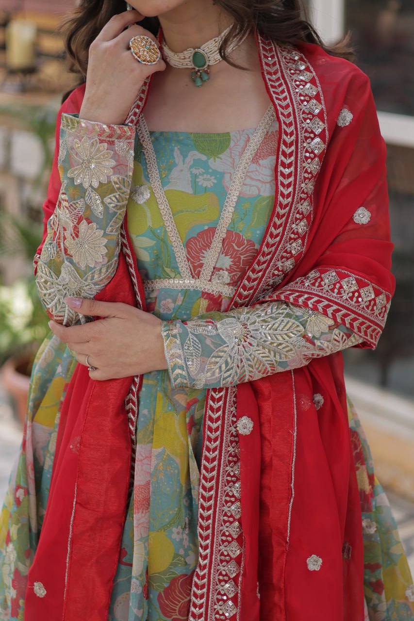 Digital Printed Russian Silk Gowns & Dressess & Dresses with Embroidered Dupatta
