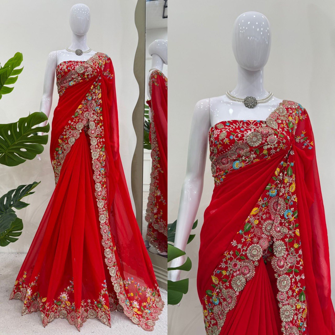Red Designer Faux Georgette Saree with Thread & Sequence Work