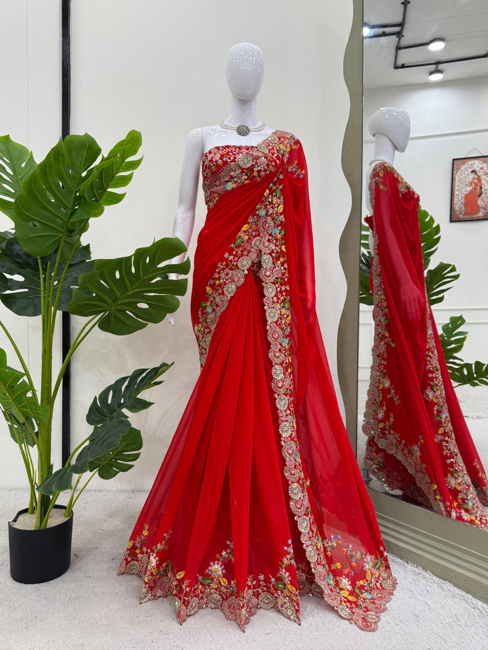Red Designer Faux Georgette Saree with Thread & Sequence Work