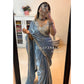 Sky Blue Designer Saree with Cording & Sequins Embroidery | Unstitched Blouse