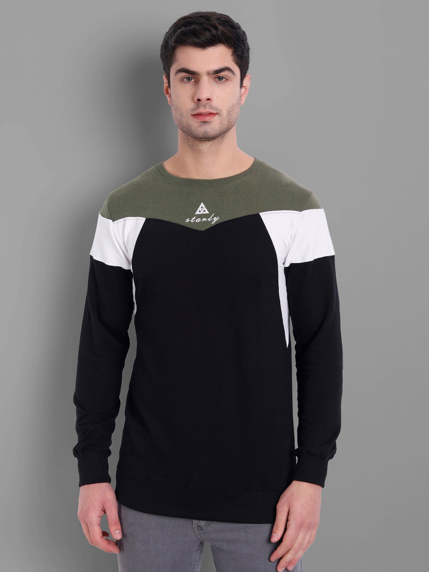 Men Black-Coloured Colourblocked Cotton Sweatshirt