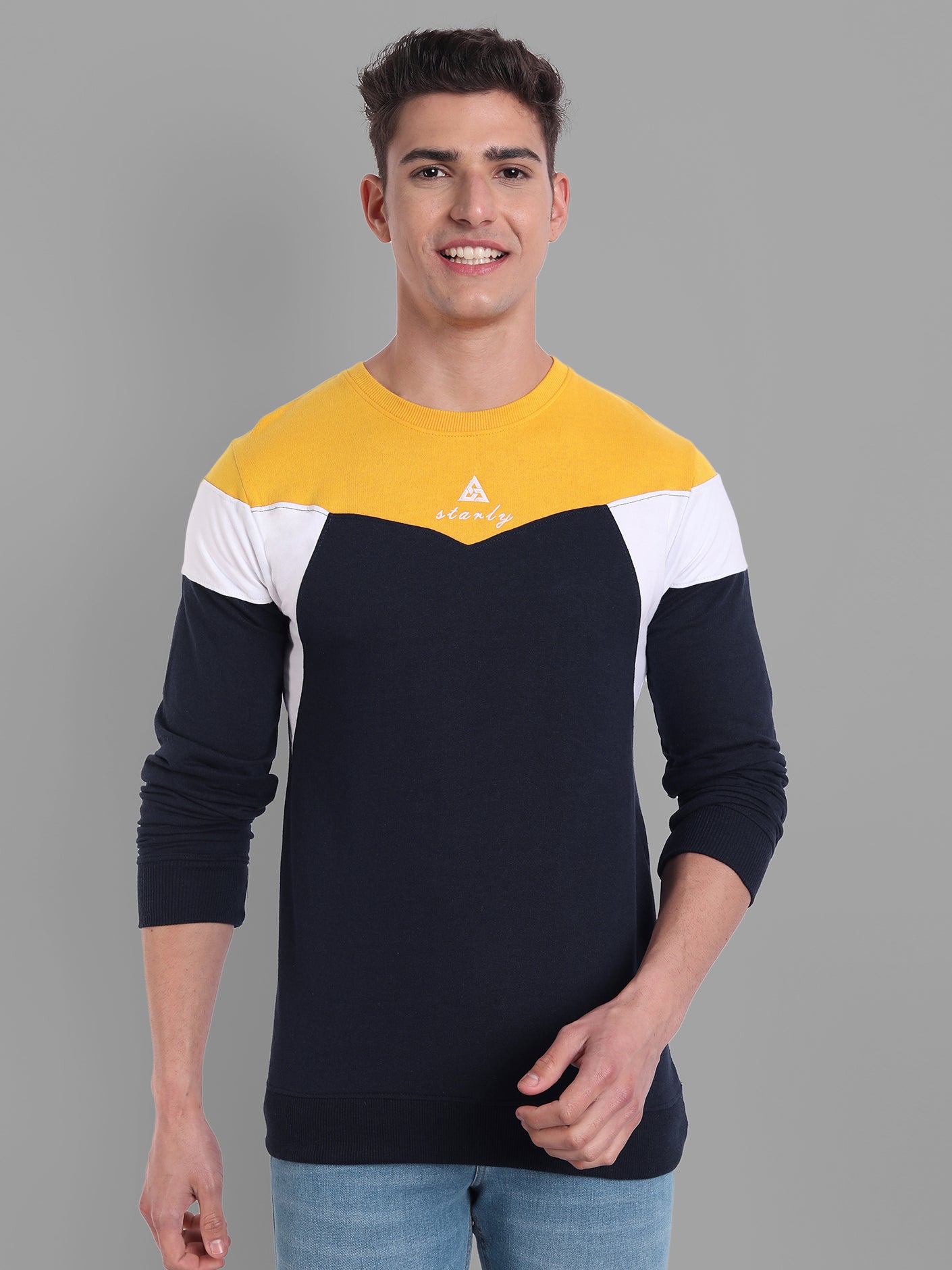 Men Navy-Blue-Coloured Colourblocked Cotton Sweatshirt