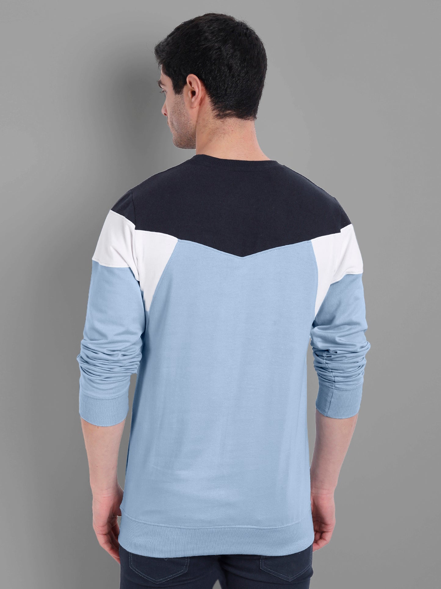 Men Sky Blue-Coloured Colourblocked Cotton Sweatshirt