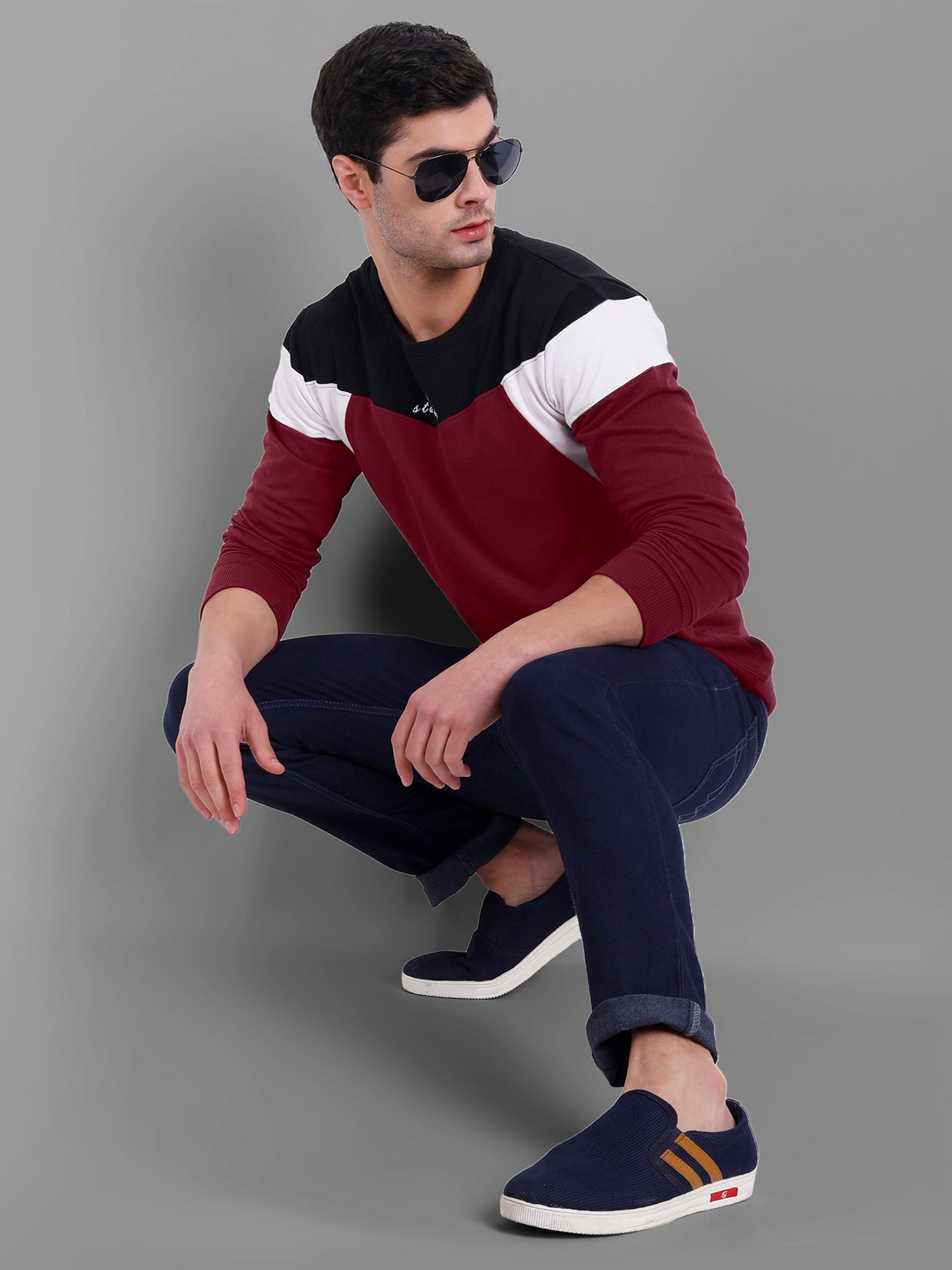 Men Maroon-Coloured Colourblocked Cotton Sweatshirt
